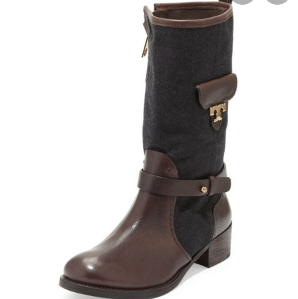 Tory Burch Leona Boots Leather Designer Flanel Moto Size 9 #121